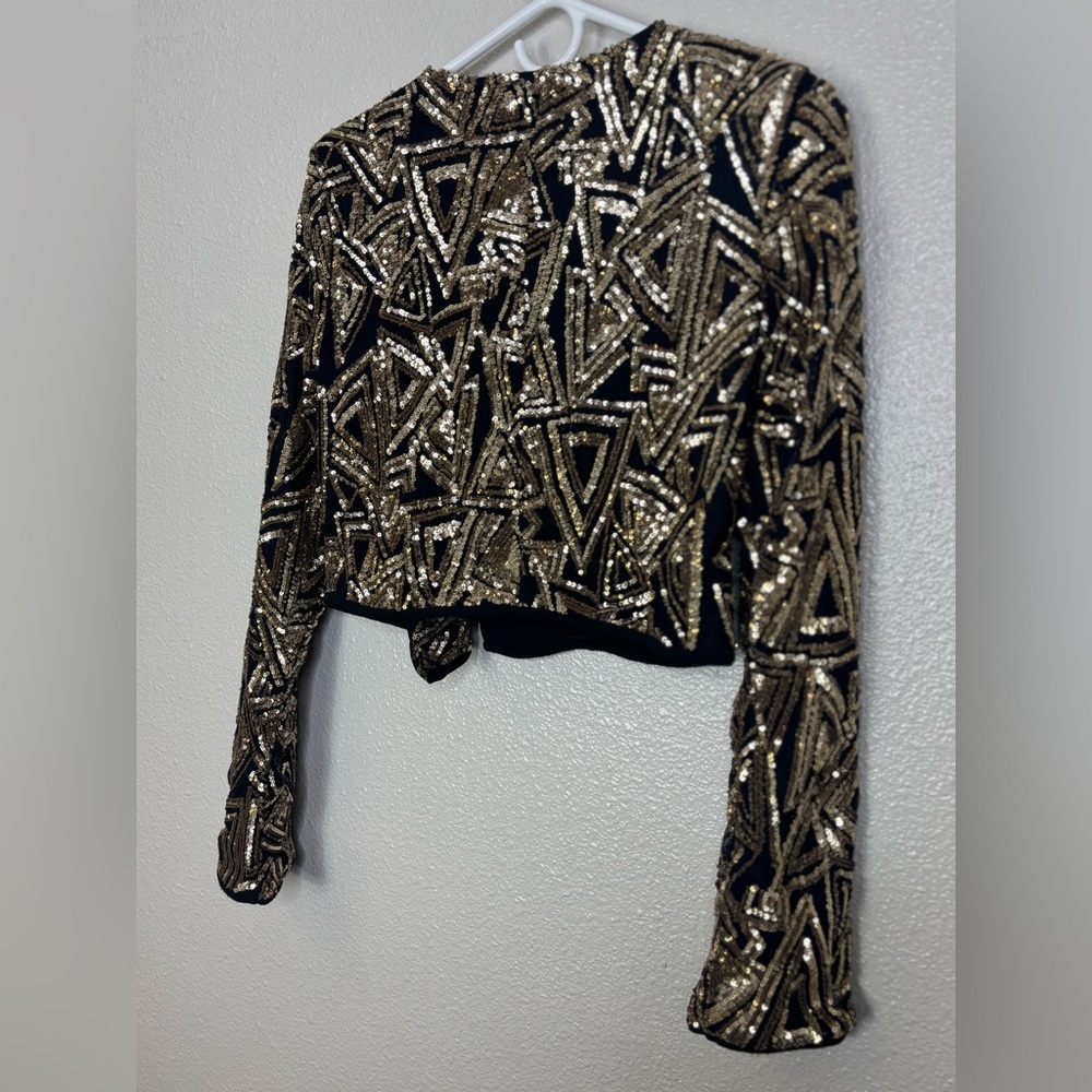 Privy Womens Sequin Jacket Collarless Asymmetric Zip Long Sleeve Gold Black - Picture 3 of 5